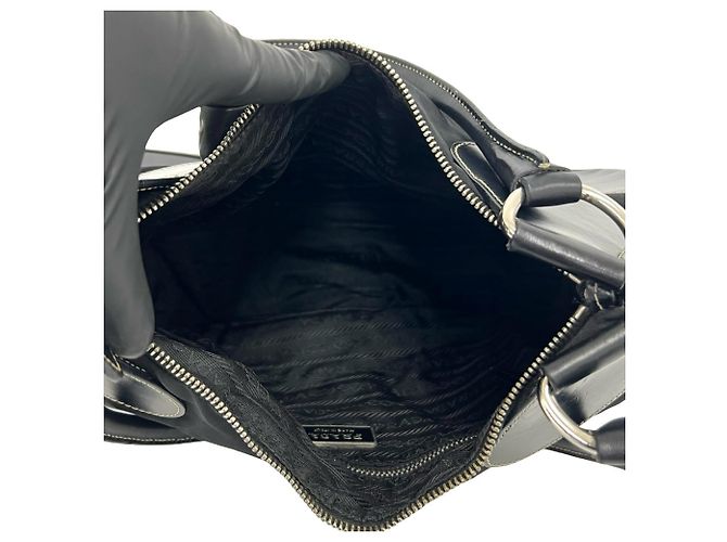 Tote Bolsa semi-ombro em nylon e couro com logo triângulo Prada Preto - vista 9