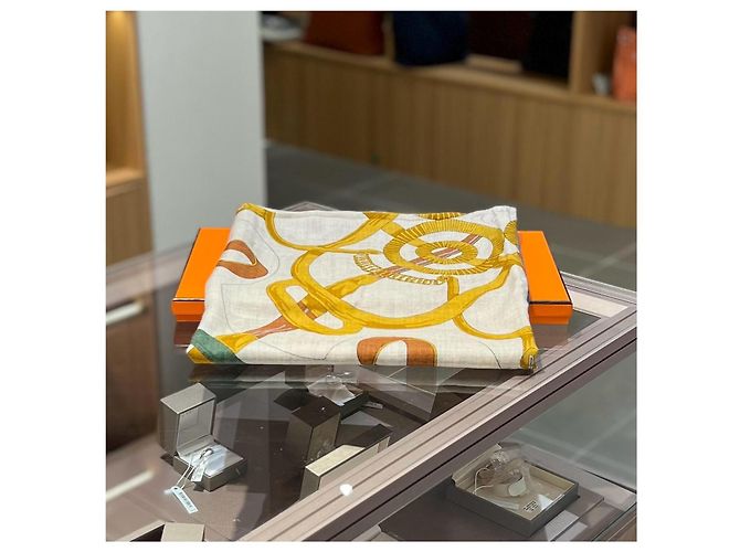 Foulard Hermès in cashmere e seta 140cm Marrone Bianco Blu D'oro Verde - vista 2