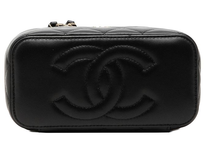 Piccolo Vanity Case Chanel in Pelle di Agnello Nera con Manico e Catena Nero - vista 3