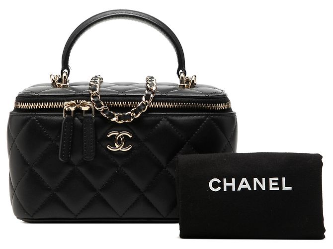 Piccolo Vanity Case Chanel in Pelle di Agnello Nera con Manico e Catena Nero - vista 8