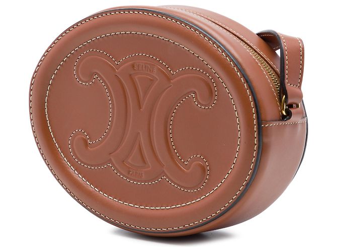 Céline Celine Borsa a Tracolla Oval Cuir Triomphe in Pelle di Vitello Marrone Small - vista 2