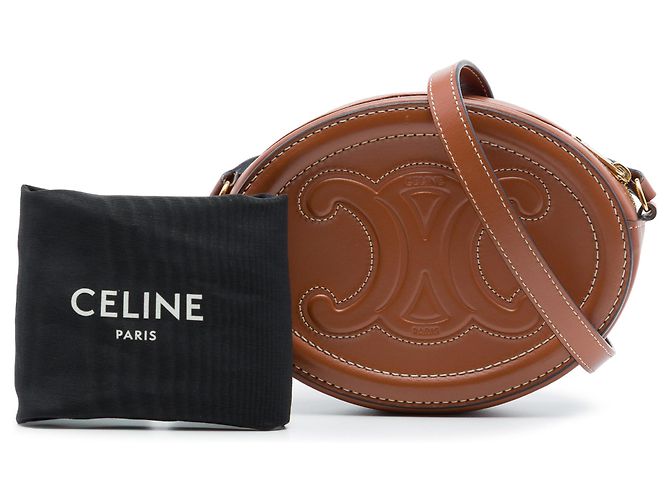 Céline Celine Borsa a Tracolla Oval Cuir Triomphe in Pelle di Vitello Marrone Small - vista 7