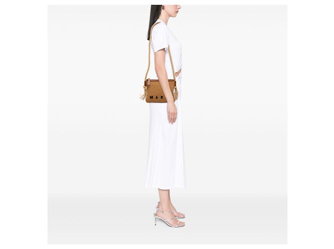 Borsa a tracolla Marni in rafia marrone con logo - vista 6