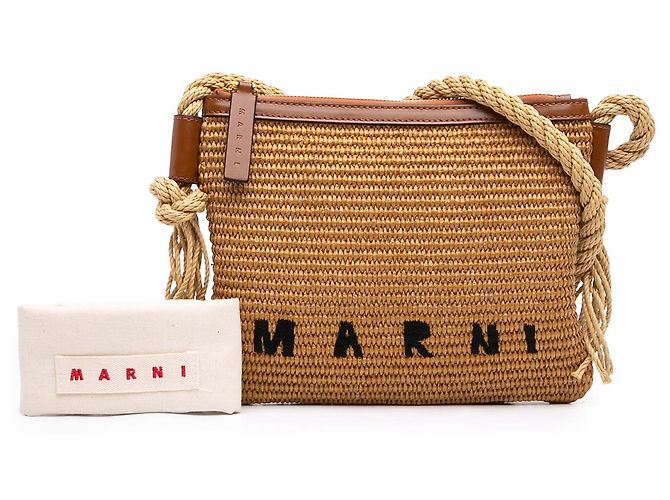 Borsa a tracolla Marni in rafia marrone con logo - vista 7