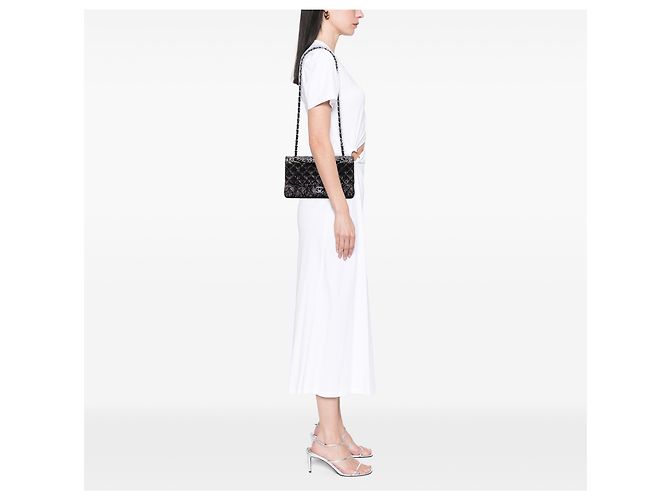 Chanel Black Medium Classic Metallic Goatskin and Lace Double Flap Nero - vista 6