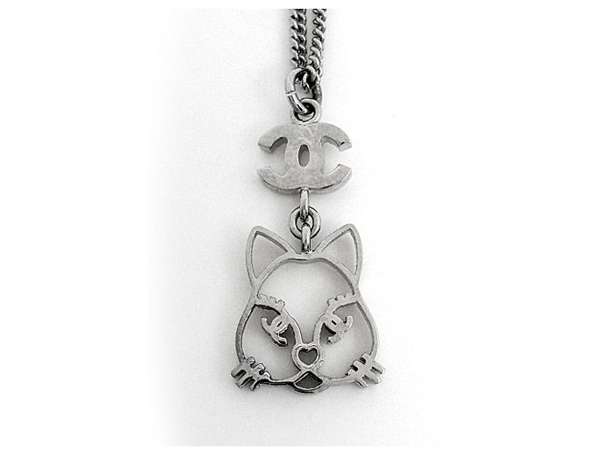 Collana Chanel in strass argentata con design a gatto e logo Coco Mark Argento - vista 2