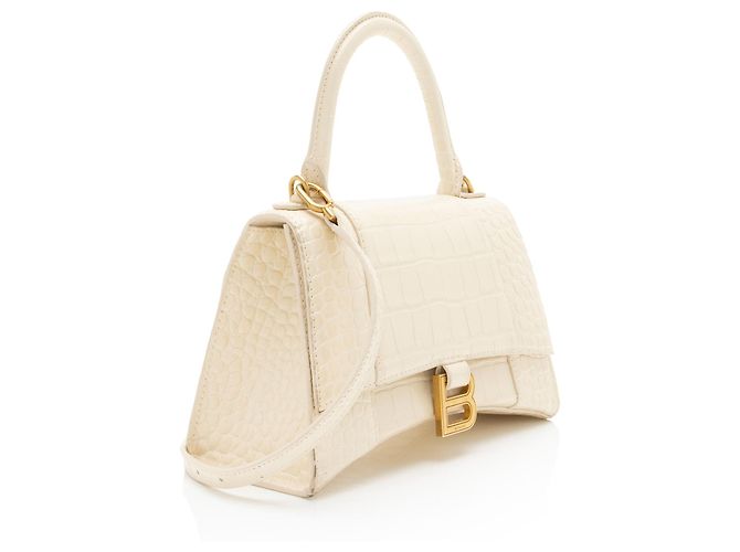 Balenciaga Hourglass Small Top Handle in pelle di vitello embossed croc lucida Marrone Beige - vista 2