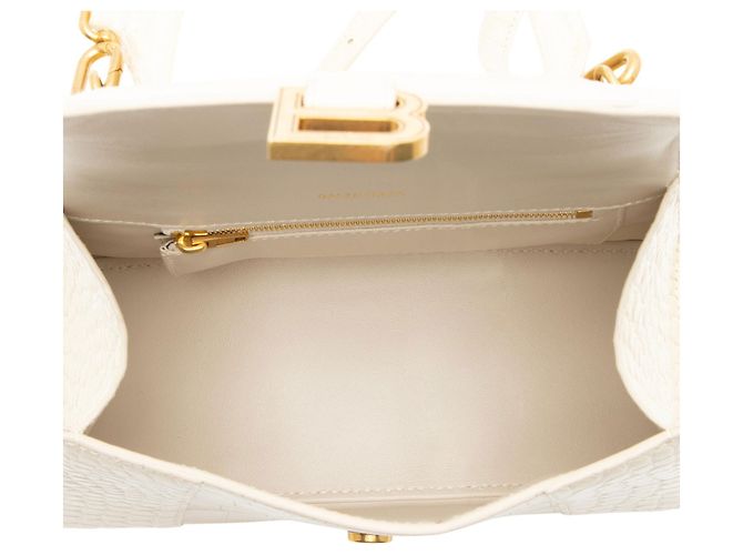 Balenciaga Hourglass Small Top Handle in pelle di vitello embossed croc lucida Marrone Beige - vista 7