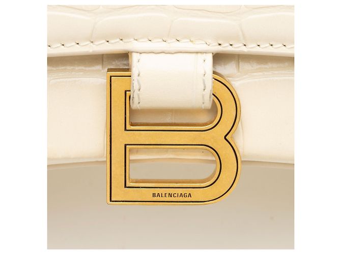 Balenciaga Hourglass Small Top Handle in pelle di vitello embossed croc lucida Marrone Beige - vista 9