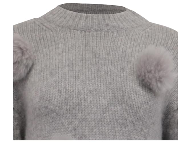 Tibi Strickpullover mit Pelz-Pompons aus grauer Alpaka-Wolle - Ansicht 2