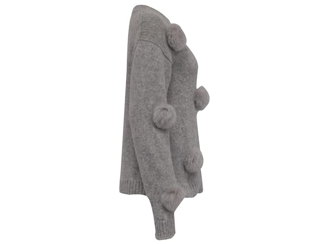 Tibi Strickpullover mit Pelz-Pompons aus grauer Alpaka-Wolle - Ansicht 3