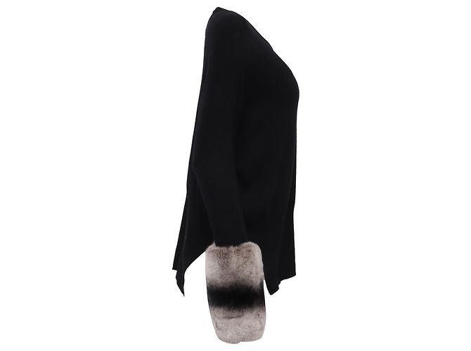 Autre Marque Izaak Azanei Pullover mit Pelzbesatz an den Bündchen aus schwarzer Merinowolle - Ansicht 3