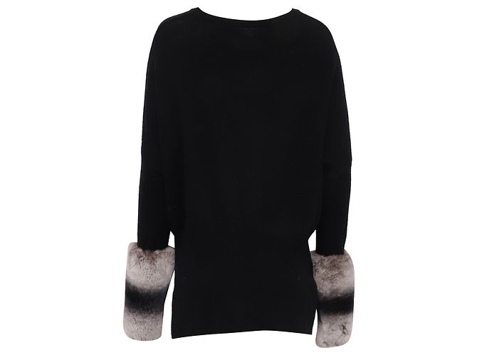 Autre Marque Izaak Azanei Pullover mit Pelzbesatz an den Bündchen aus schwarzer Merinowolle - Ansicht 4