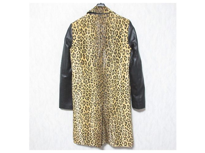 Autre Marque Milly Lamb Leather Sleeve Leopard Wool Coat Black Beige - view 2