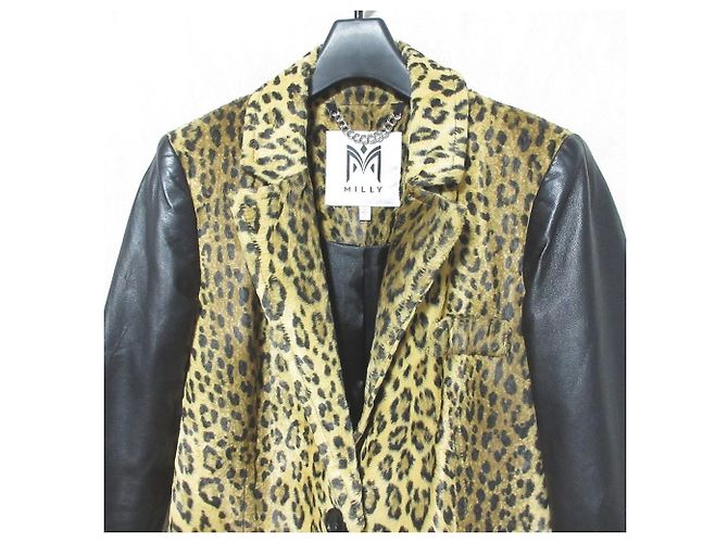 Autre Marque Milly Lamb Leather Sleeve Leopard Wool Coat Black Beige - view 3