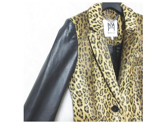 Autre Marque Milly Lamb Leather Sleeve Leopard Wool Coat Black Beige - view 4