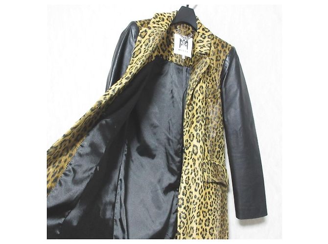 Autre Marque Milly Lamb Leather Sleeve Leopard Wool Coat Black Beige - view 5