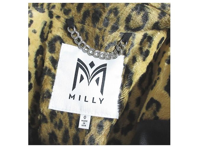 Autre Marque Milly Lamb Leather Sleeve Leopard Wool Coat Black Beige - view 6