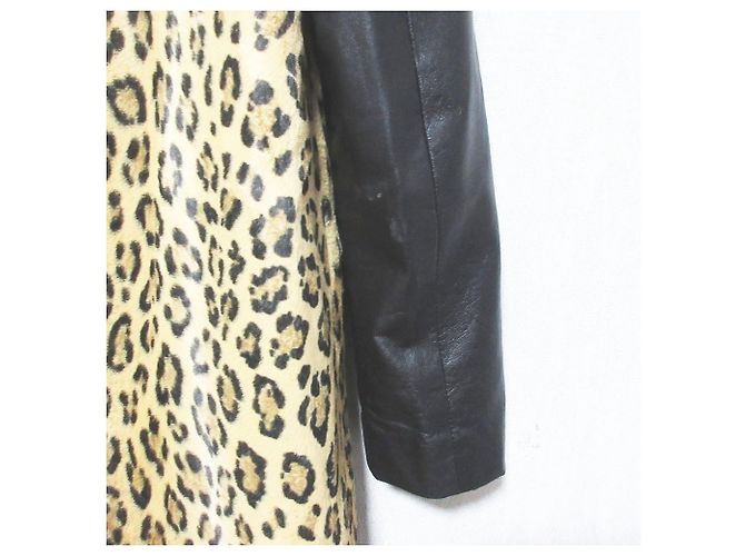Autre Marque Milly Lamb Leather Sleeve Leopard Wool Coat Black Beige - view 9