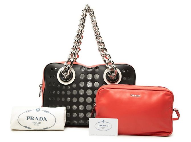 Borsa Tote Prada City Fori Nero Rosso - vista 6