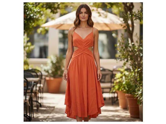 Zimmermann Coral Orange Linen Cutout V-Neck Midi Dress - view 2