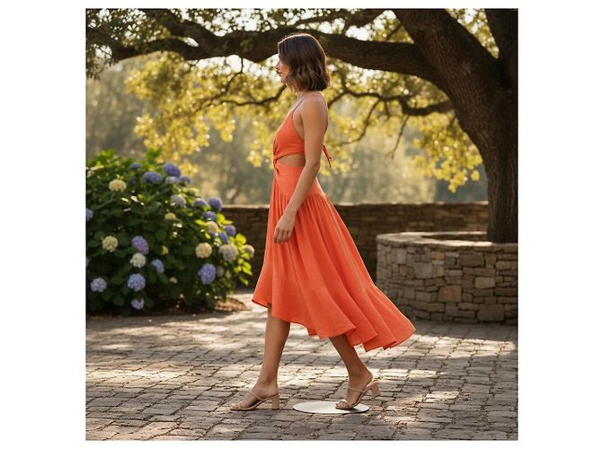 Zimmermann Coral Orange Linen Cutout V-Neck Midi Dress - view 3