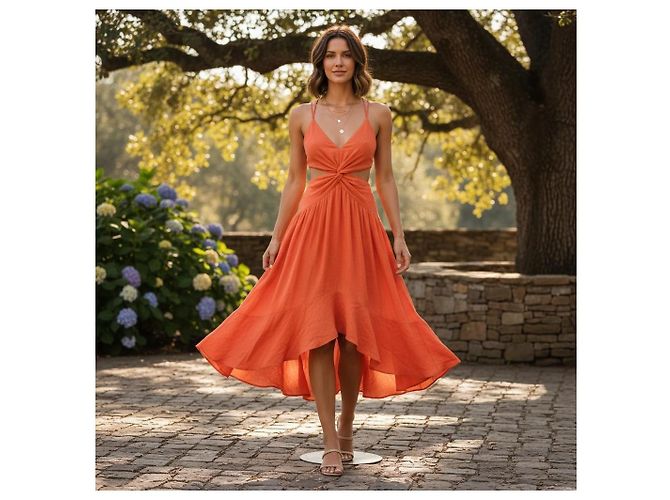 Zimmermann Coral Orange Linen Cutout V-Neck Midi Dress - view 5