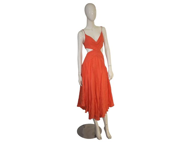 Zimmermann Coral Orange Linen Cutout V-Neck Midi Dress - view 6