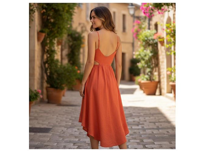 Zimmermann Coral Orange Linen Cutout V-Neck Midi Dress - view 7