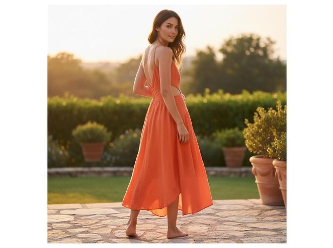 Zimmermann Coral Orange Linen Cutout V-Neck Midi Dress - view 8