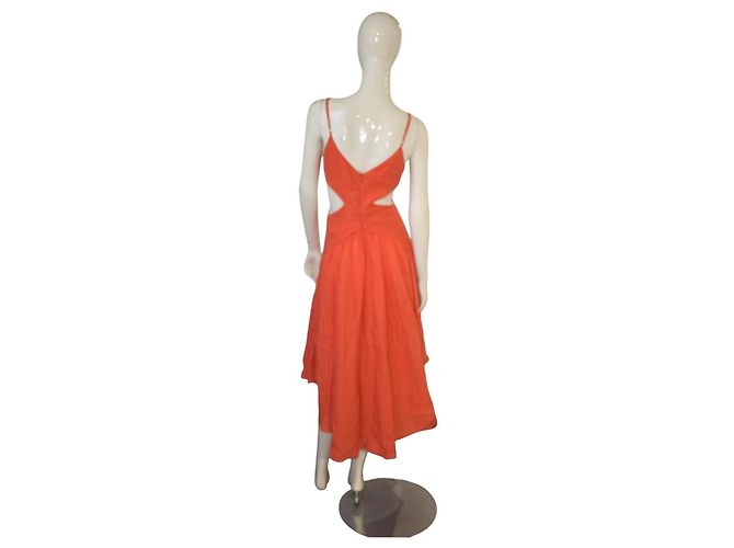 Zimmermann Coral Orange Linen Cutout V-Neck Midi Dress - view 9