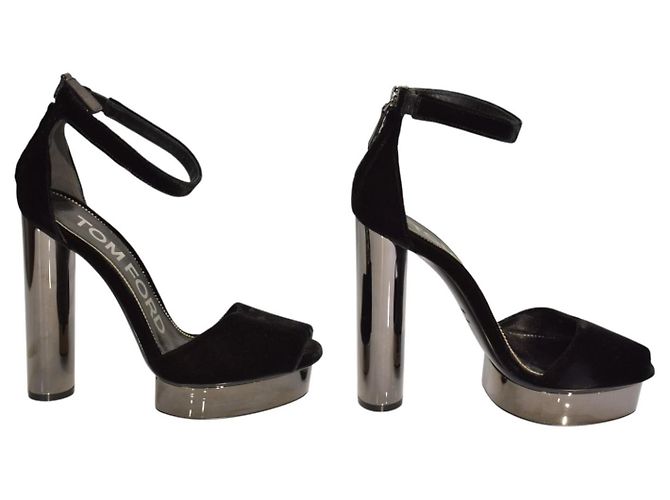 Tom Ford Sandales à plateforme en velours noir et métal Gunmetal EU 37 - vue 11