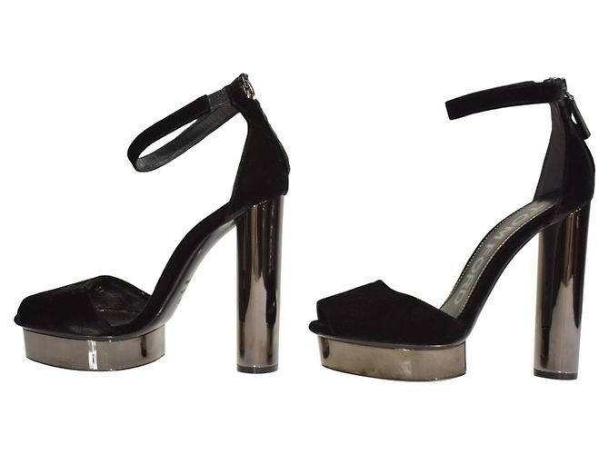 Tom Ford Sandales à plateforme en velours noir et métal Gunmetal EU 37 - vue 12