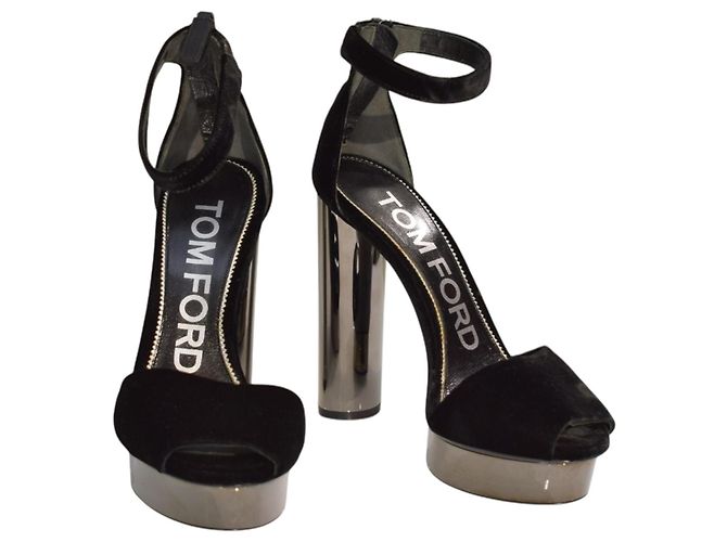 Tom Ford Sandales à plateforme en velours noir et métal Gunmetal EU 37 - vue 2
