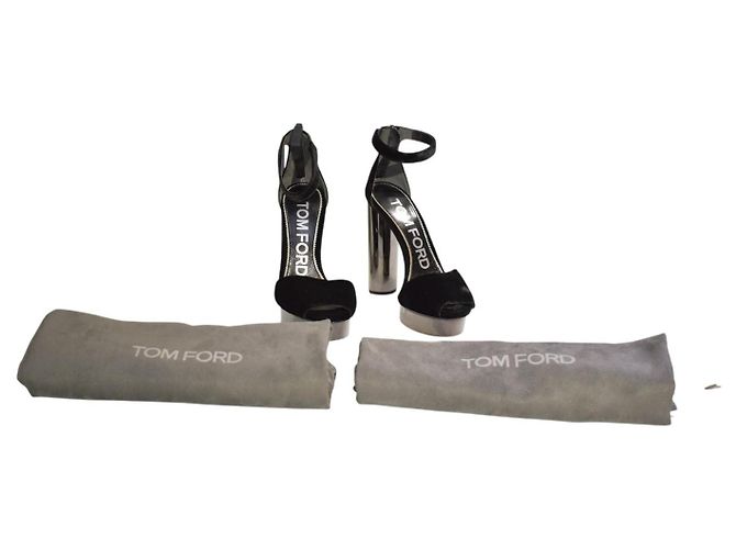Tom Ford Sandales à plateforme en velours noir et métal Gunmetal EU 37 - vue 7