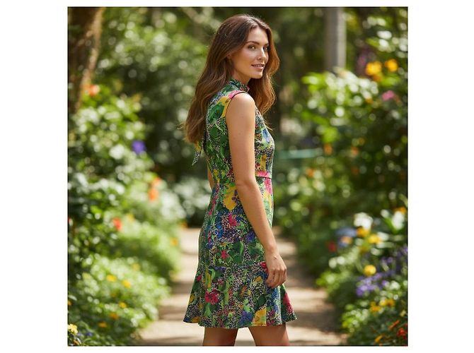Autre Marque Vestido Mini Saloni em Seda Estampado Floral e Bolinhas Multicor Verde - Ansicht 3