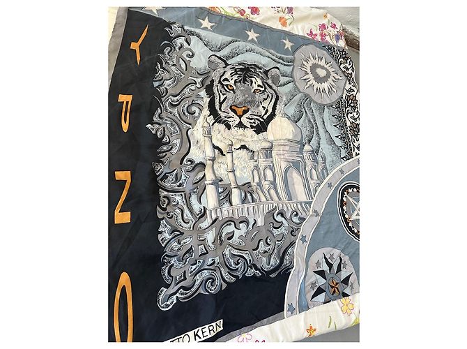 Autre Marque Foulard in seta Otto Kern Tigre e Taj Mahal Nero Bianco Grigio - vista 3