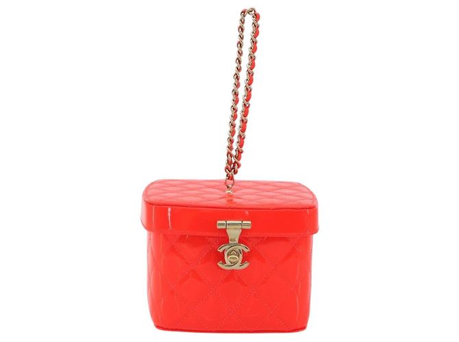 Borsa Vanity CHANEL Matelasse Pelle verniciata Orange Gold CC Auth bs36656SAM D'oro Arancione - vista 13