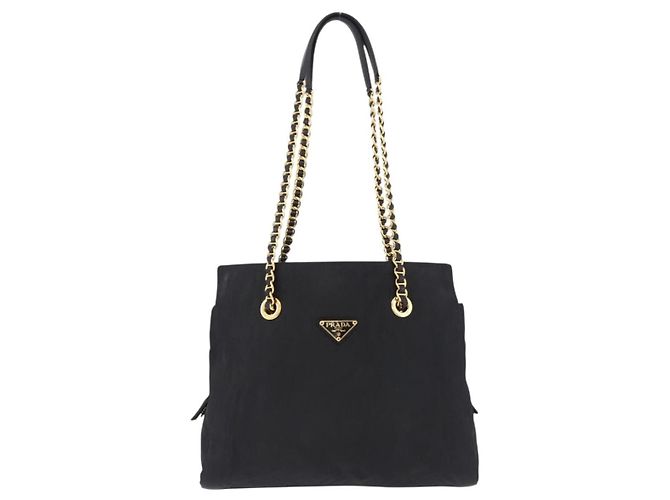 Borsa a Tracolla con Catena PRADA Nylon Nero Tono Oro Auth 194116 - vista 13