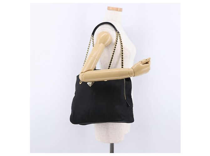 Borsa a Tracolla con Catena PRADA Nylon Nero Tono Oro Auth 194116 - vista 27