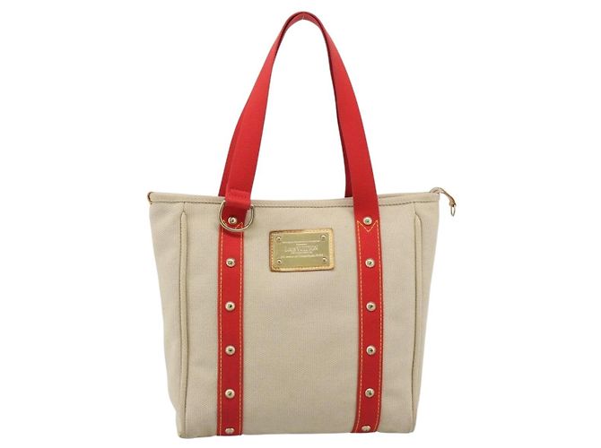 Saco Tote LOUIS VUITTON Antigua Cabas MM Bege Vermelho M40035 LV Auth ka5465 - vista 13
