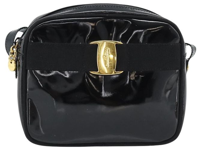Borsa a Tracolla Salvatore Ferragamo Vala Vernice Nera Tono Oro Auth BA14727 Nero - vista 13