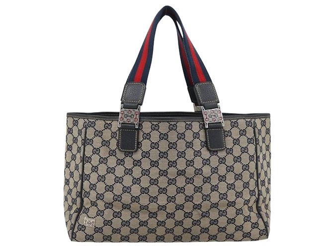 Borsa Tote GUCCI GG Canvas Sherry Line Navy Silver 145758 Auth 194942A Argento Blu navy - vista 13