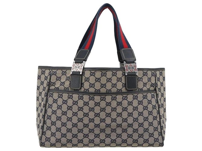 Borsa Tote GUCCI GG Canvas Sherry Line Navy Silver 145758 Auth 194942A Argento Blu navy - vista 2