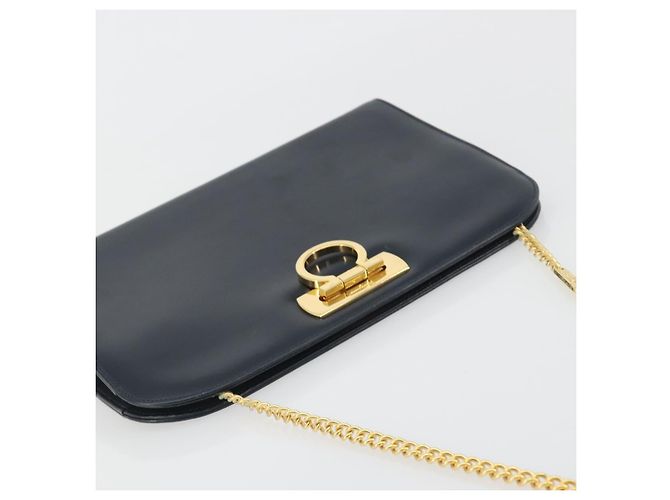Borsa a tracolla Salvatore Ferragamo Gancini Chain in pelle Navy Gold Auth ka5564 - vista 6