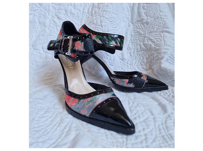 Escarpins Erdem cuir verni noir et imprimé floral Rouge Vert Gris - vue 3
