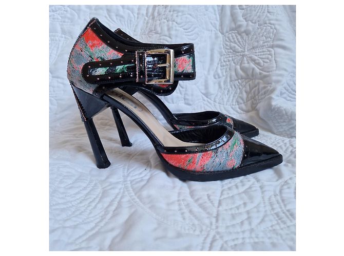 Escarpins Erdem cuir verni noir et imprimé floral Rouge Vert Gris - vue 4