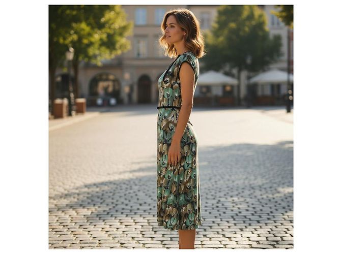Bow Prada Midikleid Blumenprint Seidenjersey Braun Grün - Ansicht 3