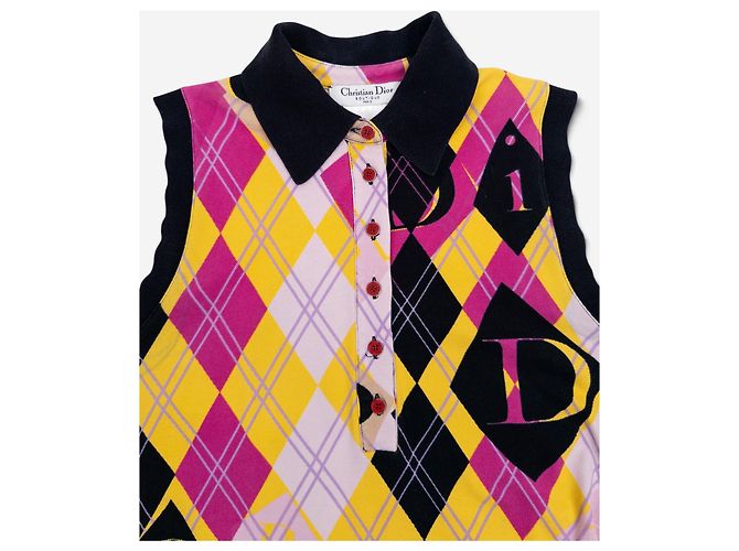 Vestido mini polo de golfe sem mangas com logo Argyle e cinto Dior by Galliano AW04 Amarelo - vista 3