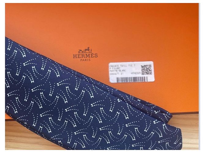 Hermès Navy Blue Silk Tie with White Print - view 2